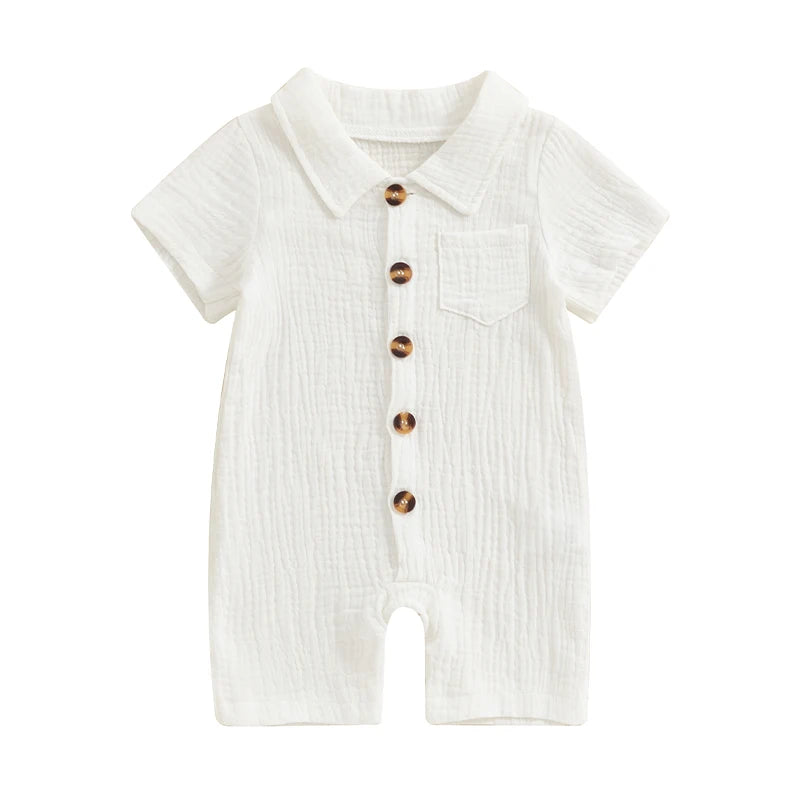 Boys Solid Cotton Linen Pocket Short Sleeve Button Jumpsuits