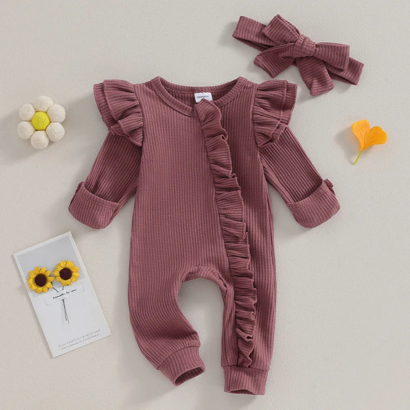 Girls Solid Color Waffles Jumpsuits With Headbands Newborn- 12M