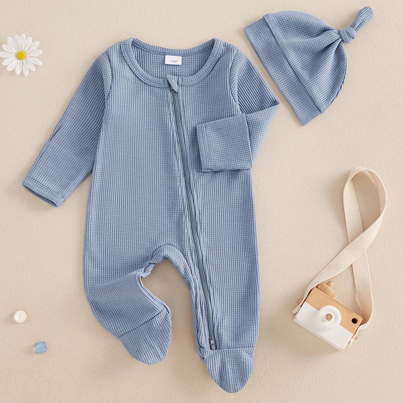 Newborn Baby Fall Footed Romper Solid Color Waffle Long Sleeve Crew Neck Zipper Jumpsuit with Hat