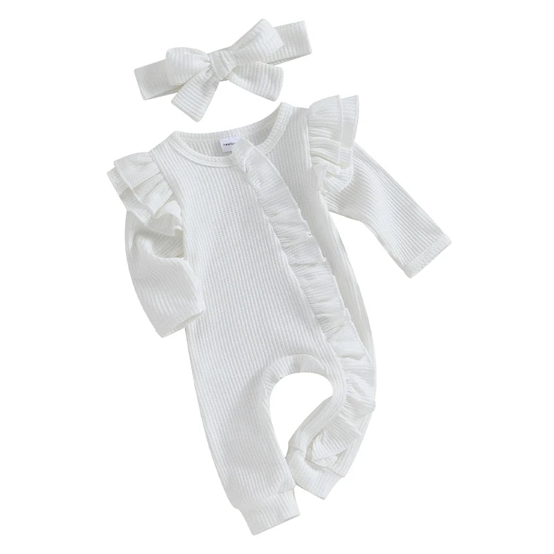 Girls Solid Color Waffles Jumpsuits With Headbands Newborn- 12M