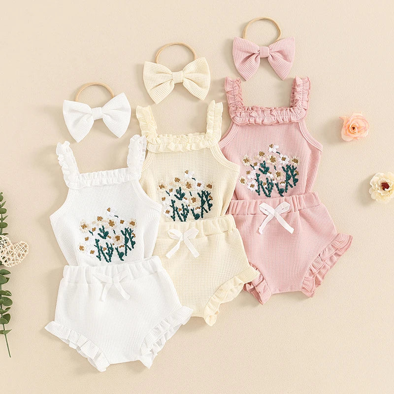 Flower Embroidered Sleeveless Romper Set With Headband