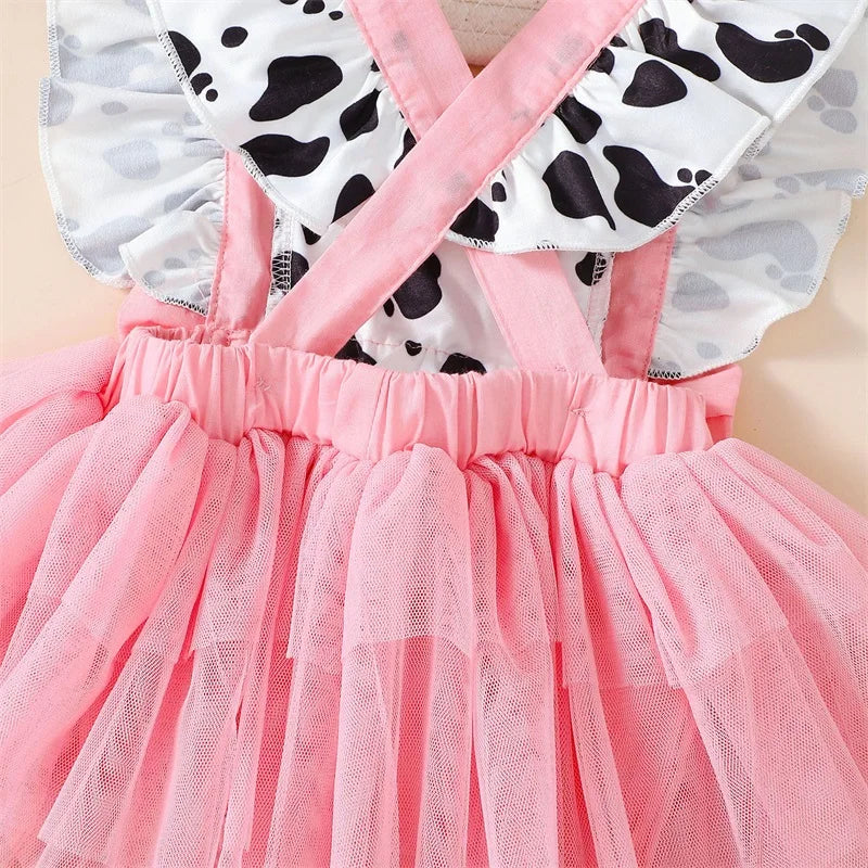 Baby Girl Cow Print Tulle Onesie With Headband  0-24M