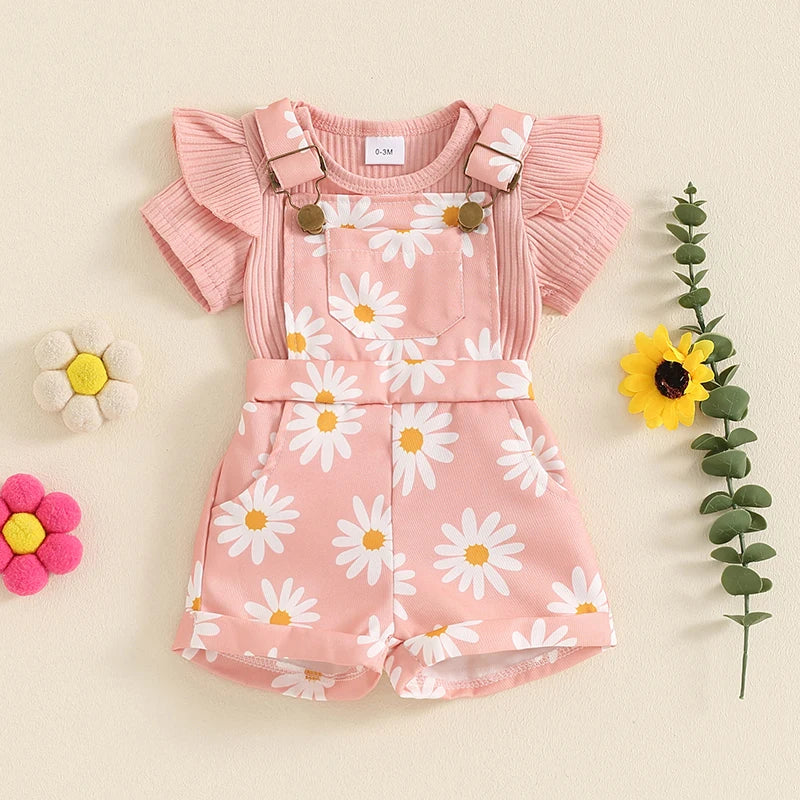 Girls Short Sleeve Romper with Flower Print Suspender Shorts Set  3M-18M